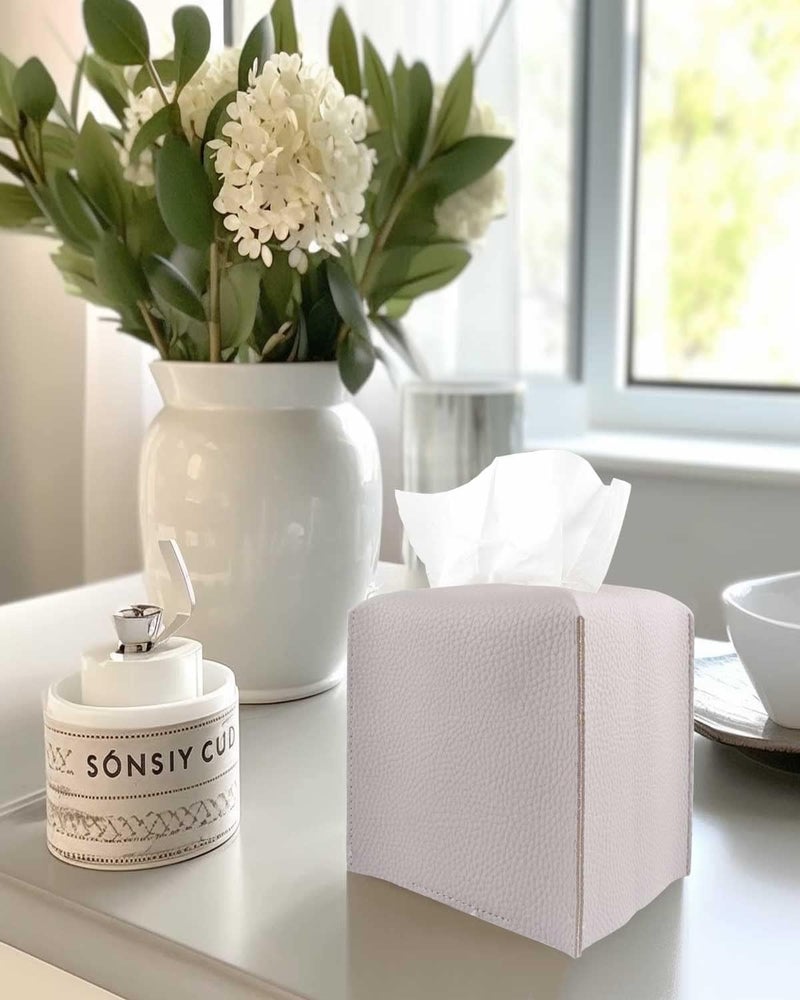 JESMINI Light Purple Tissue Box Cover Square – with Bottom Belt [] Modern PU Leather Tissue Box Holder Decorative for Bathroom Vanity Countertop/Night Stands/Office Desk, 5x5x5 - Image 3